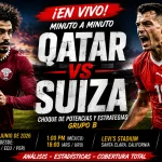 Pantalla de análisis deportivo mostrando las alineaciones tácticas probables y estadísticas de rendimiento para el partido Qatar vs Suiza del Mundial 2026