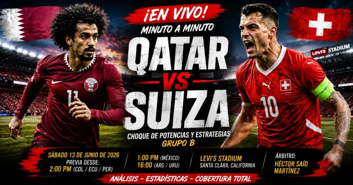 Pantalla de análisis deportivo mostrando las alineaciones tácticas probables y estadísticas de rendimiento para el partido Qatar vs Suiza del Mundial 2026