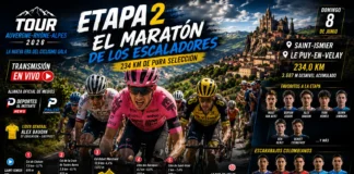Transmisión en vivo Tour Auvergne-Rhône-Alpes 2026 Etapa 2 Ciclistas del pelotón principal ascendiendo el puerto de la Côte des Baraques bajo un cielo nublado durante la segunda etapa del Tour Auvergne-Rhône-Alpes
