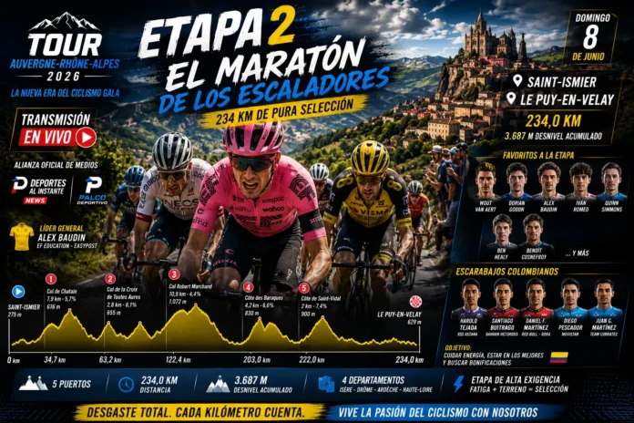 Ciclistas del pelotón principal ascendiendo el puerto de la Côte des Baraques bajo un cielo nublado durante la segunda etapa del Tour Auvergne-Rhône-Alpes