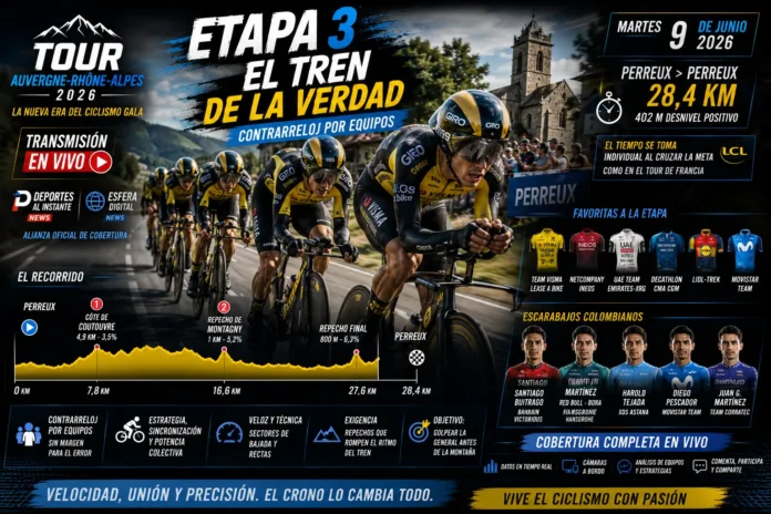 Escuadra de ciclismo profesional rodando perfectamente acoplada en fila aerodinámica durante la contrarreloj por equipos de la etapa 3 en Perreux