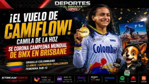 Camila de La Hoz campeona mundial BMX. La bicicrosista colombiana Camila de La Hoz celebrando su título mundial de BMX en Brisbane, Australia.