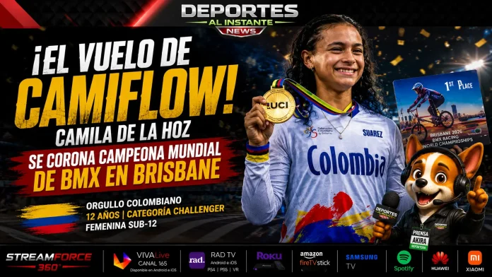 Camila de La Hoz campeona mundial BMX. La bicicrosista colombiana Camila de La Hoz celebrando su título mundial de BMX en Brisbane, Australia.