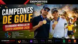 Los golfistas José Toledo y María Bohórquez vistiendo sus medallas de oro en los Juegos Centroamericanos y del Caribe Santo Domingo 2026.