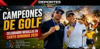 José Toledo y María Bohórquez ganan oro en golf de Santo Domingo 2026 Los golfistas José Toledo y María Bohórquez vistiendo sus medallas de oro en los Juegos Centroamericanos y del Caribe Santo Domingo 2026.