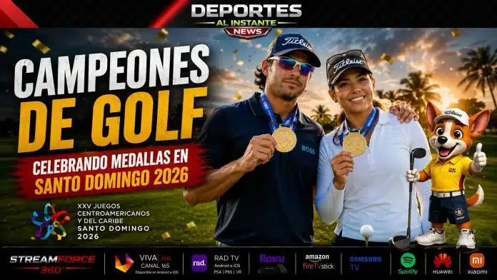 Los golfistas José Toledo y María Bohórquez vistiendo sus medallas de oro en los Juegos Centroamericanos y del Caribe Santo Domingo 2026.