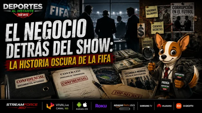 Escena conceptual sobre el negocio financiero y la corrupción en la organización de la Copa del Mundo.