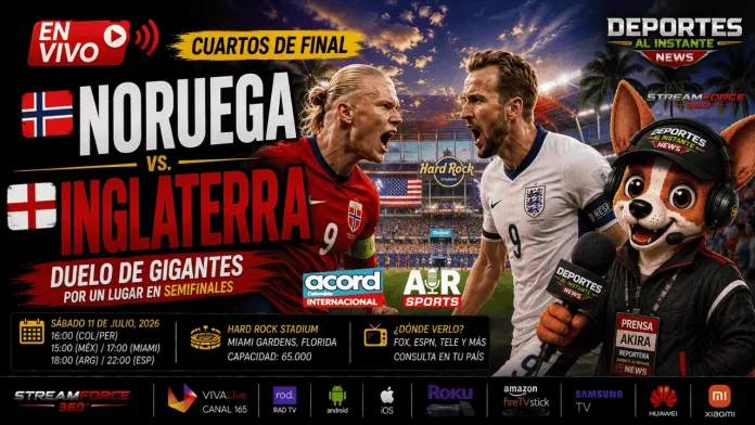 En vivo Noruega vs Inglaterra Mundial 2026. Erling Haaland y Harry Kane enfrentándose en el Mundial 2026 durante los cuartos de final.