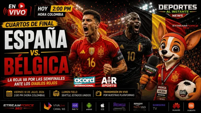 Jugadores de la selección de España y Bélgica durante un partido de cuartos de final del Mundial 2026.