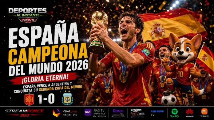España es campeón del Mundial 2026. Jugadores de la Selección Española celebrando la conquista de la Copa del Mundo 2026 en el MetLife Stadium.