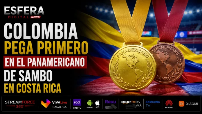 El atleta colombiano Juan Sebastián Contreras celebrando su medalla de oro en el Panamericano de Sambo en Costa Rica.