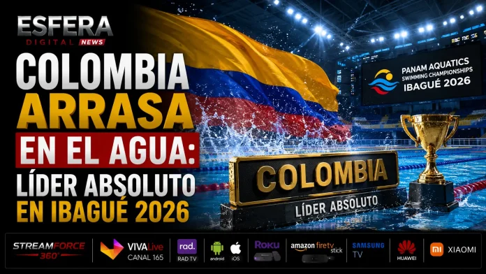 Delegación colombiana celebrando sus múltiples medallas de oro en el Panam Aquatics Swimming Championships 2026.