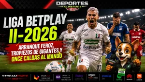 Resumen y resultados de la Fecha 1. Jugadores del Once Caldas celebrando una anotación durante la primera fecha de la Liga BetPlay II-2026 en el estadio Palogrande.