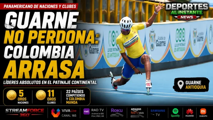 Atletas de la Selección Colombia compitiendo a máxima velocidad en el Panamericano de Patinaje que se celebra en Guarne, Antioquia.