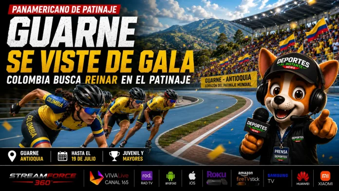 Atletas compitiendo a máxima velocidad en el Campeonato Panamericano de Patinaje en Guarne, Antioquia.
