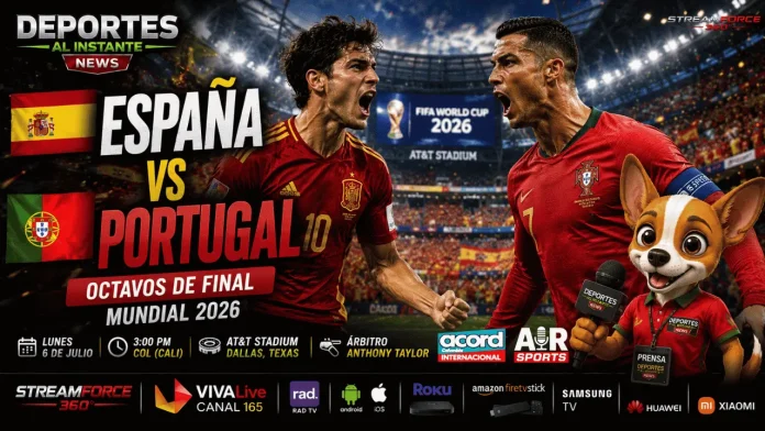Enfrentamiento entre Portugal y España en los Octavos de Final del Mundial 2026 en el AT&T Stadium.