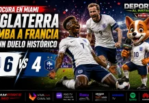 Inglaterra vence a Francia: Una lluvia de goles en Miami Inglaterra vence a Francia. Bukayo Saka celebra uno de sus goles en el 6-4 contra Francia en el Hard Rock Stadium de Miami.