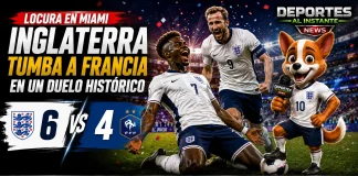Inglaterra vence a Francia: Una lluvia de goles en Miami Inglaterra vence a Francia. Bukayo Saka celebra uno de sus goles en el 6-4 contra Francia en el Hard Rock Stadium de Miami.