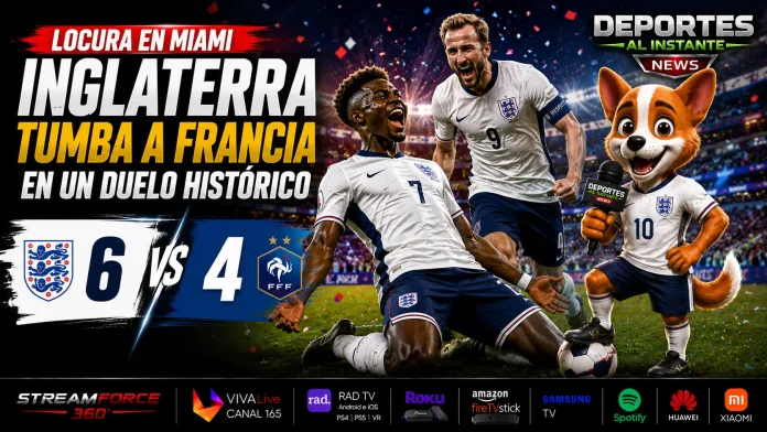 Inglaterra vence a Francia. Bukayo Saka celebra uno de sus goles en el 6-4 contra Francia en el Hard Rock Stadium de Miami.
