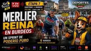 El ciclista belga Tim Merlier celebrando su victoria al sprint en Burdeos durante la Etapa 7 del Tour de Francia 2026.