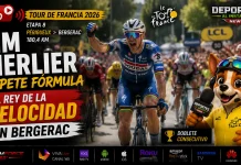 Resumen Etapa 8 Tour de Francia 2026. Tim Merlier reina en Bergerac: . Tim Merlier celebrando su victoria al sprint en la llegada de la Etapa 8 del Tour de Francia 2026 en Bergerac.