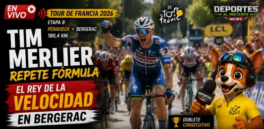 Tim Merlier celebrando su victoria al sprint en la llegada de la Etapa 8 del Tour de Francia 2026 en Bergerac.