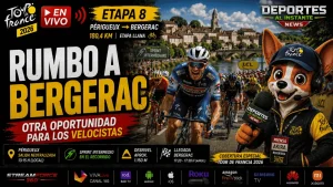 Ciclistas de Etapa 8 Tour de Francia 2026 disputando un sprint final en la etapa de Bergerac.